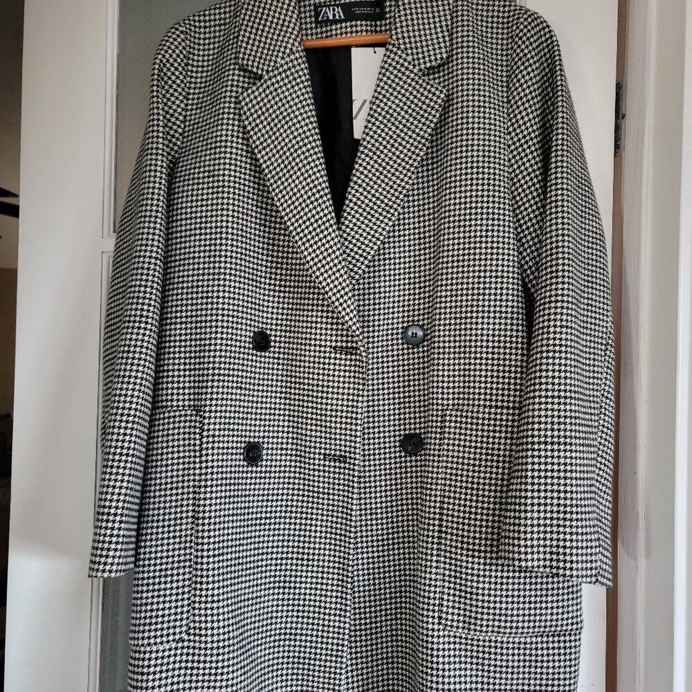 NWT Zara Black Houndstooth Double Breasted Blazer Size M Medium